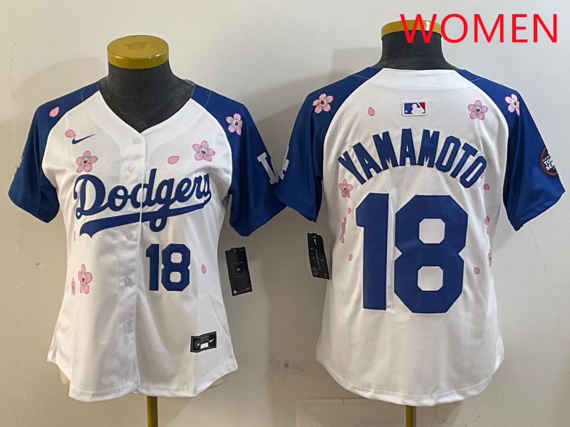 Women Los Angeles Dodgers 18 Yamamoto White Blue Sakura Edition 2025 Nike MLB Jersey style 7